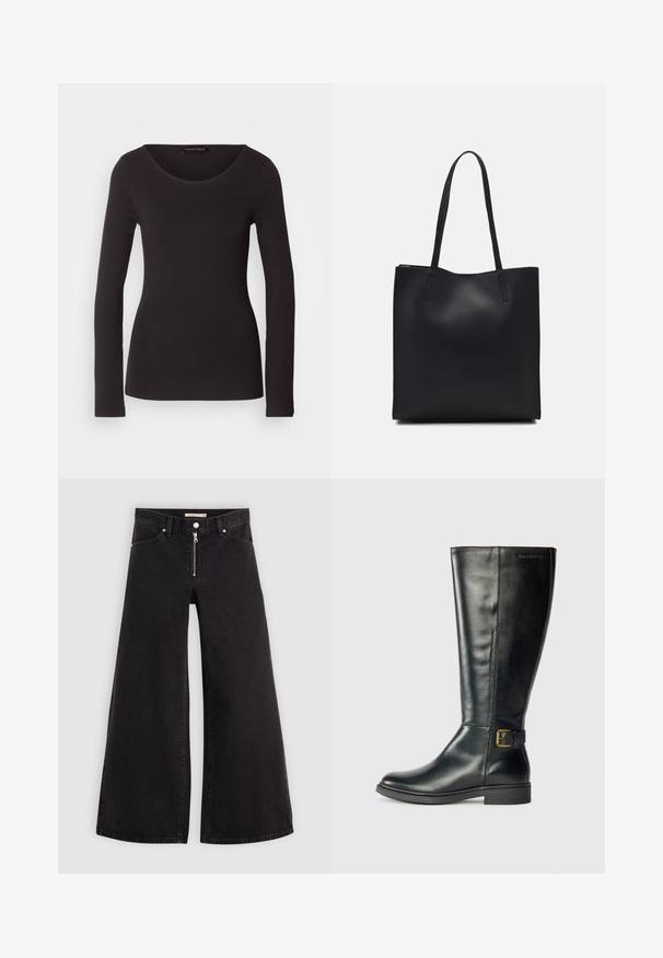 Crna majica dugih rukava od glatkog materijala s okruglim izrezom i pripijenim siluetom; ne sadrži uzorke niti ukrase.; Široke traperice od crnog denima s prednjim zatvaračem, dizajnom s pet džepova i suptilnim detaljima šivanja. Glatka tekstura i ležeran stil.; Crne kožne čizme do koljena s glatkom završnom obradom, okruglim vrhom i bočnom kopčom; suptilno šivanje duž šavova.; Crna kožna torba za nošenje s glatkom teksturom, pravokutnim oblikom i dvije duge ručke. Nema vidljivih metalnih dijelova ili ukrasa.