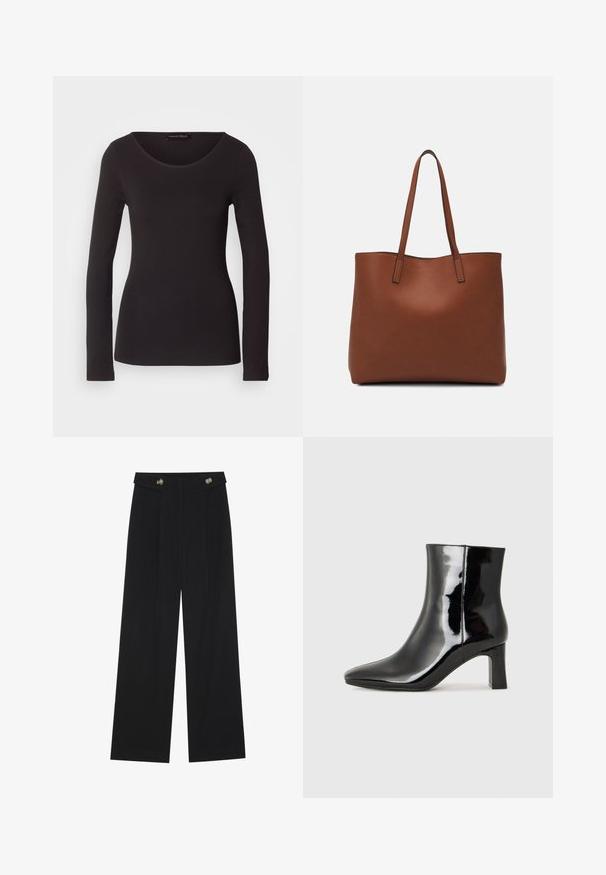 Črni dolg rokav z gladko tkanino, okroglim izrezom in oprijetim silhuetom; brez vzorcev ali dodatkov.; Črne široke hlače s visokim pasom, gumbnimi detajli na pasu in sprednjimi gubami.; Črne lakirane gležnjarje z ošiljenim nosom in srednje visokim blokastim peto. Gladka tekstura in minimalističen dizajn.; Rjava usnjena torba z gladko teksturo, odprto zasnovo zgoraj in dvema naramnima trakovoma. Opremljena je z minimalnim šivanjem in brez vidnih kovinskih delov.