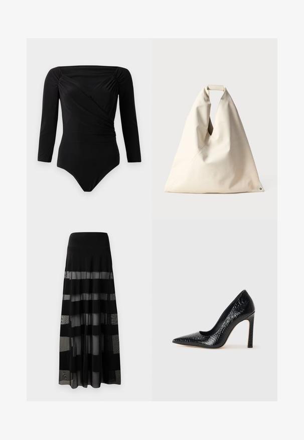 Črn bodi z dolgimi rokavi, s prevlečnim dizajnom, nabranimi detajli na ramenih, gladko teksturo in globokim izrezom.; Črna maksi krila s prilegajočim se pasom, ki vključuje prozorne panele in neprozorne črte. Lahkoten material z gladko teksturo.; Črne čevlje z visoko peto in konico v obliki puščice, z teksturo krokodilje kože, ki se ponašajo s sleek oblikovanjem, visokim stiletto peto in gladkim črnim notranjostjo.; Bežna, mehka torba z edinstvenim zvitim ročajem in diagonalnim šivom. Minimalističen dizajn z okroglo podlago.