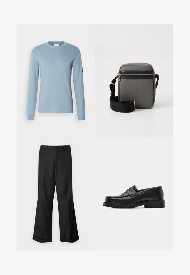 Hele sinine pika varrukaga särk ümmarguse kaelusega ja tekstuurse kangaga. Omab kätiseid varrukaid ja väikest musta logo plaastrit vasakul käsivarrel.; Mustad laiad püksid nupuga vöökoha ja cuffidega hemmed, esitatud lihtsa valge tausta taustal.; Mustad mustad nahast kingad on varustatud tõstetud õmblusega, kahe dekoratiivse rihmaga peal, ja paksu tekstuuriga tallaga paremaks haardeks.; Hallita halli kangas üle õla kott, millel on must vetske tasku, reguleeritav rihm ja ristkülikuline kuju. Omab siledat pinda ja metallist riistu.