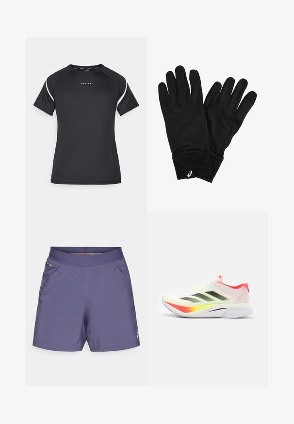 Endless APHEX - Sportiniai marškinėliai trumpomis rankovėmis - black; Vyriški sportiniai šortai purpurinės spalvos, pagaminti iš lengvos medžiagos. Su elastinga juosmeniu ir šoninėmis kišenėmis, ant apvado yra mažas logotipas.; Bėgimo bateliai su lengva balta tinkline viršūne, juodais dryžiais, neoninės geltonos spalvos akcentais, rožiniu kulnu ir išlenktu baltu padu.; Juodi pirštinės, pagamintos iš minkštos, elastingos medžiagos, kurios gerai priglunda. Su storu rankogaliu ir maža logotipo etikete riešo srityje.