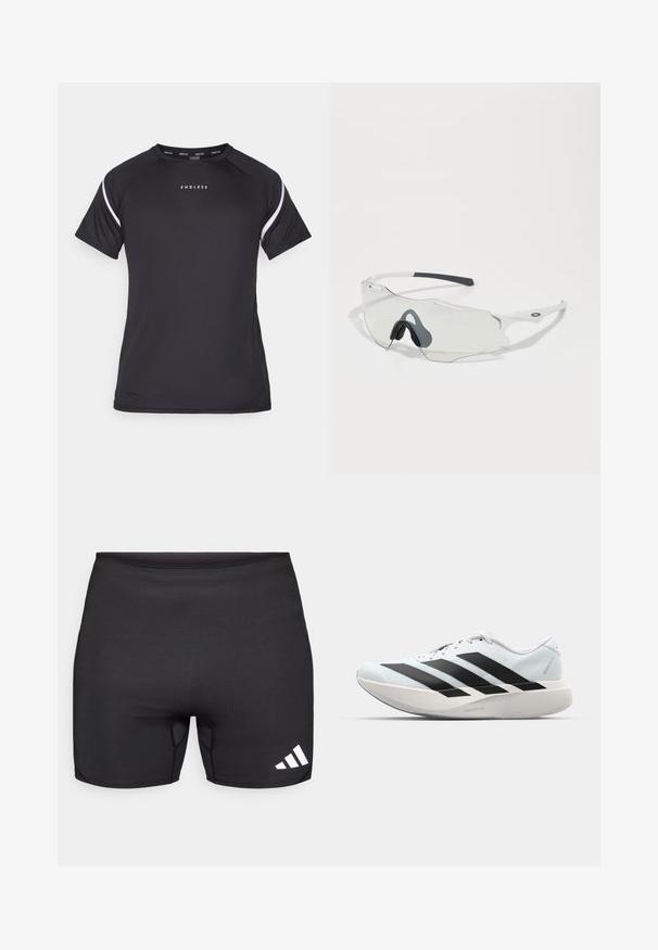 Endless APHEX czarny; Czarne sportowe spodenki wykonane z elastycznego materiału, o dopasowanym kroju, z płaskimi szwami i białym logo z trzema paskami na dolnej prawej stronie.; Lekkie buty do biegania w jasnoniebieskim kolorze z czarnymi pasami. Posiadają gładką cholewkę, okrągły nosek oraz grubą białą podeszwę środkową oznaczoną "LIGHTSTRIKE PRO."; Okulary przeciwsłoneczne z przezroczystymi soczewkami, białą oprawką i szarymi gumowymi podkładkami na nos. Cechują się eleganckim designem, kanciastym kształtem i minimalnymi akcentami sprzętowymi.