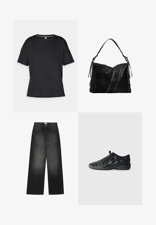 Black short-sleeve T-shirt made of textured fabric with a subtle wave pattern, featuring a crew neckline and a relaxed fit.; YOURTURN UNISEX - Baggy Jeans - black denim; Black leather athletic shoe with a quilted design, rounded toe, lace-up front, and rubber sole. Features subtle branding on the side.; Desigual Cross body bag - black; Silver necklace with a delicate chain and oval pendant featuring intricate detailing and a small gemstone accent.