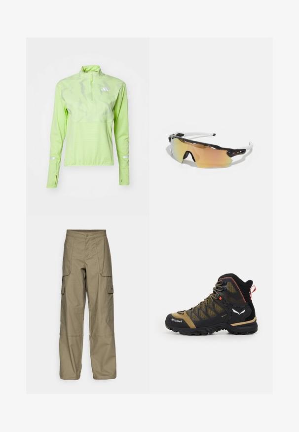 adidas Performance ULTIMATE VIS REFLECTIVE 1/2-ZIP - Top s dlouhým rukávem - pulse lime; Kargo kalhoty v olivově zelené tkanině, které mají volný střih, více bočních kapes a knoflíkový uzávěr v pase. Hladká textura.; Poloviční výšky turistická bota v černé a olivově zelené barvě, s textilním svrškem, gumovou podrážkou a texturovanými akcenty, obsahující zadní poutko.; Sluneční brýle s černobílým rámem, velkými zrcadlovými čočkami ve zlatých a růžových odstínech, aerodynamický design a prodloužený vnější okraj.