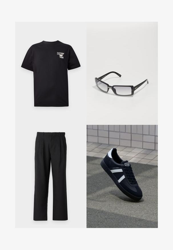 Juodos medvilnės t-shirt su trumpomis rankovėmis, apvaliu kaklu, su balta grafika kairėje krūtinės pusėje.; Jack & Jones JPSTBILL JJDAYTONA WIDE - Kelnės - black; Juodas odinis sportinis batelis su baltais dryžiais, tekstūruota gumine padais ir raišteliais priekyje. Yra prekės ženklą žymintis etiketė ant liežuvio.; Juodų stačiakampių saulės akinių su gradientiniu lęšiu, turinčių storą rėmelį ir metalinius akcentus ant kojelių. Visoje apieje glotni tekstūra.