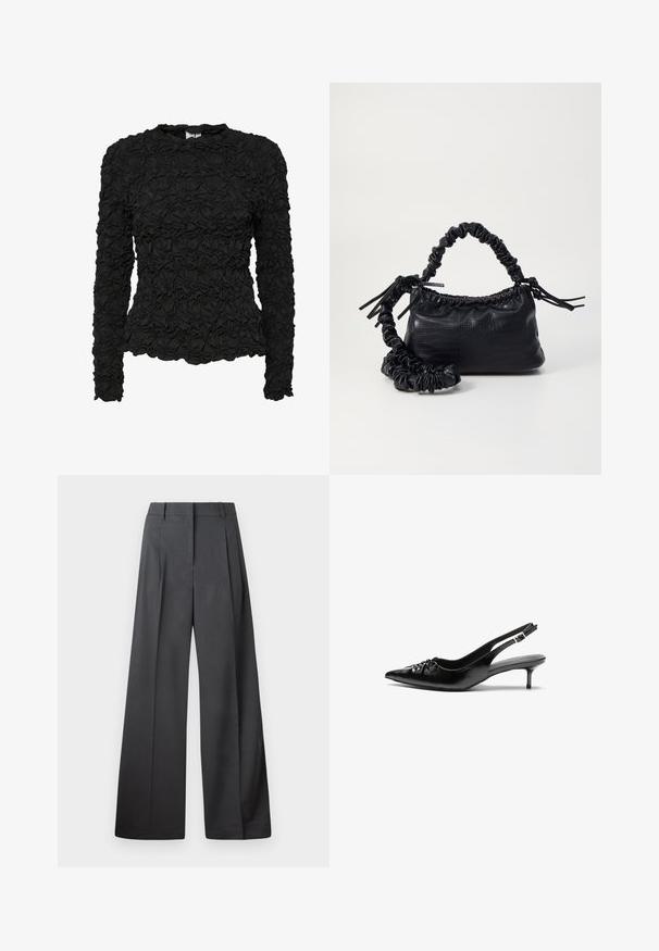 Svart långärmad topp med en texturerad, rynkad struktur, med rund halsringning och figurnära silhuett. Slät tygfinish.; Vida byxor i mörkgrått tyg, med hög midja, enkla veck och en mjuk yta med en ren finish vid fållen.; Svarta läder slingback klackar med spetsig tå, liten kittenklack och en dekorativ knutdetalj på framsidan. Slät textur hela vägen.; Svart faux läderhandväska med krokodiltextur, snodd topp och en skrämd rem. Ser mjuk och kompakt ut i designen.