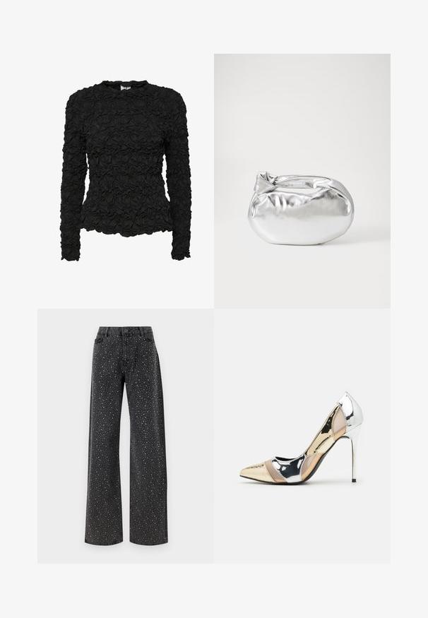 Maglietta nera a maniche lunghe con un motivo testurizzato e arricciato, caratterizzata da un collo rotondo e una silhouette aderente. Finitura del tessuto liscia.; Noisy May NMJANNEL LOOSE - Jeans baggy - black denim; Scarpa con tacco alto a punta, con una combinazione di colori argento, oro e nudo. Finitura lucida con design a ritaglio, con tacco a stiletto.; Borsa a pochette metallica argentea con una forma morbida e arrotondata e chiusura superiore annodata. Realizzata in materiale sintetico morbido.; Orecchini a cerchio in argento con un design minimalista. Forma circolare, superficie liscia e profilo sottile. Leggeri con una finitura lucida.