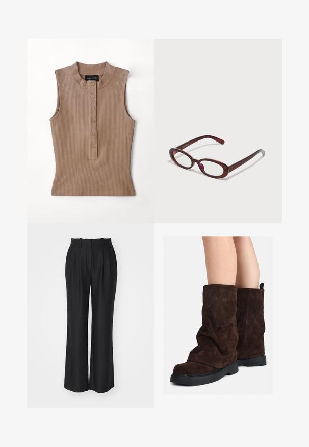 Tamni bez rukava s pletenim materijalom. Ima visoki ovratnik i dugmad s pet smešnih smešnih smešnih šupljica. Glatka tekstura.; Crne hlače s širokim nogavicama i visokim strukom, s nabranim detaljima, izrađene od glatkog, teksturiranog materijala, s ravnim krojem do ruba.; Smeđe nubuk čizme srednje dužine s crnim gumenim potplatima, nošene na golim nogama, s blagim naborima na okovima čizama.; Naočale u obliku ovala crvene boje s prozirnim staklima i elegantnim smeškim okvirom. Dizajn se odlikuje suptilnim zakrivljenjima i minimalnim hardverom.