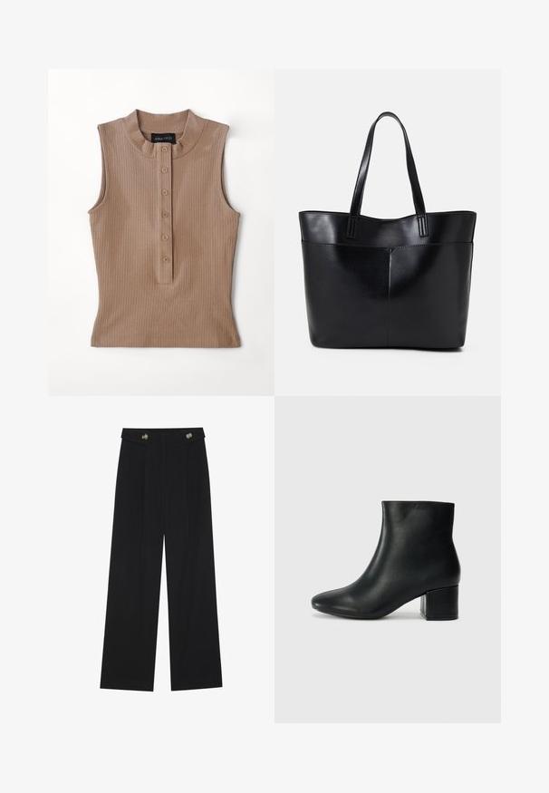Top sin mangas de color tostado hecho de tela acanalada. Presenta un cuello alto y una tapeta de botones con cinco botones marrones. Textura suave.; Pantalones de pierna ancha negros con cintura alta, detalles de botones en la cinturilla y pliegues en la parte delantera.; Botas de cuero negras hasta el tobillo con una punta afilada y un tacón grueso. Textura lisa con acentos mínimos y un diseño elegante y ajustado.; Bolso tote de cuero negro con dos asas largas, textura suave y forma estructurada. Cuenta con un bolsillo frontal para almacenamiento adicional.