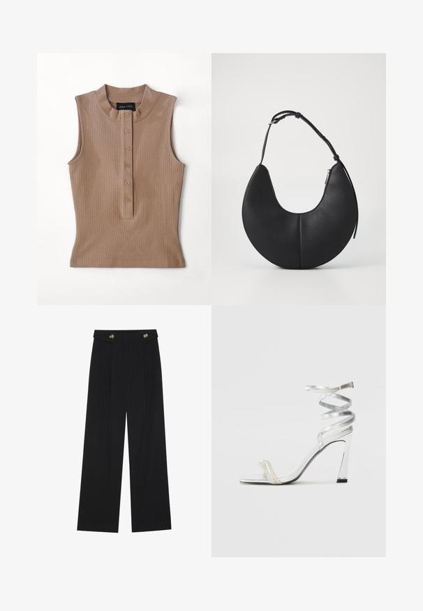 Top senza maniche di colore beige realizzato in tessuto a coste. Presenta un colletto alto e una patta con cinque bottoni marroni. Texture liscia.; Pantaloni neri a gamba larga con vita alta, dettagli con bottoni in vita e pieghe frontali.; Sandal alta argentata con design di cinturini lucidi, caratterizzata da un accento simile a una perla e una cinghia attorcigliata alla caviglia per una vestibilità sicura.; Borsa a tracolla in pelle nera a forma di mezzaluna con una superficie liscia, una sola tracolla regolabile e una chiusura con zip sul lato.