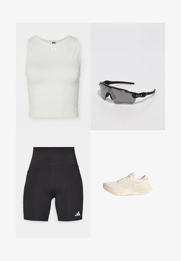 Valge lühikeste varrukatega sportliku lõikega pehme ja veniva kangaga topp, millel on ümmargune kaelus; esipoolt kaunistab väike logo.; Mustad mustad treeningshortid venivast kangast. Kõrge vöökoht, mõõdukas reie pikkus, alumisel vasakul küljel valge kolmest triibust koosnev logo.; Heledadbeige sportjalats, millel on tekitatud ülemine osa, tasased paelad ja pehmendusega talla. Sisaldab lateraalses küljel kolme triibu disaini.; Mustad mustes sportlikud prillid, millel on stiilne disain, ümberpea objektiiv, halli tooniga objektiiv ning tekstuuriga mustad templivarred. Ühtegi nähtavat logo ei ole.