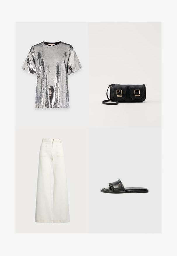 Strieborný top s flitrami, okrúhlym čiernym výstrihom, krátkymi rukávmi a voľným strihom, s lesklým, textúrovaným povrchom.; Džínsy s širšími nohavicami v off-white denim. Vysoký pás s gombíkovým zapínaním, dve predné vrecká a kontrastné švy.; Čierne kožené sandále s tkaným remienkom, plochou podrážkou a elegantným dizajnom. Hladký povrch a minimalistický profil.; Čierna kožená crossbody taška s dvoma prednými vreckami, zlatými sponami, zipsovým uzatváraním a úzkym popruhom. Štruktúrovaný povrch a kompaktný obdĺžnikový tvar.