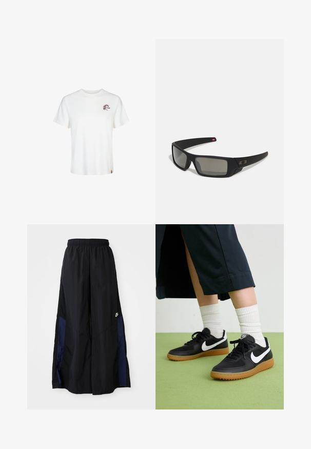 Camiseta blanca de algodón con mangas cortas, escote redondo y un pequeño logotipo gráfico marrón en el lado izquierdo del pecho. Textura suave y corte estándar.; Pantalones de pierna ancha negros, confeccionados en una tela ligera, con un panel lateral azul marino y una cinturilla elástica. Logotipo blanco pequeño en la parte inferior.; Zapatillas de cuero negro y sintético con el swoosh blanco de Nike, suela de goma, punta redonda y cordones negros. Calcetines blancos acanalados visibles.; Gafas de sol negras con acabado mate, lentes rectangulares, ligera curvatura en las patillas, sutil detalle del logo y lentes ahumados.