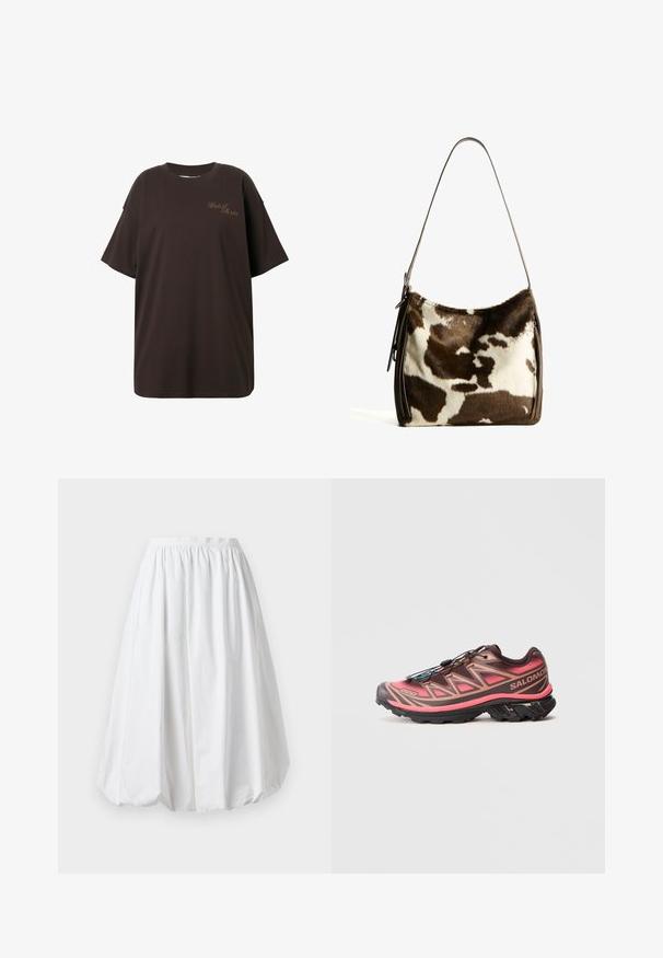 Hnědý oversized tričko vyrobené z bavlny. Má kulatý výstřih a krátké rukávy, s výšivkou "Nevyprávěné příběhy" v světlejší barvě.; Bílá sukně do kolen s elastickým pasem a balónovým tvarem. Vyrobena z lehkého materiálu s hladkou strukturou.; Běžecká obuv na traile s gradientovým hnědým a růžovým designem, s texturovaným svrškem, černou podrážkou a jedinečným systémem šněrování.; Hnědá a krémová kravská kůže ramenní taška s hladkým koženým popruhem, zipovým uzavřením a jemným, texturovaným povrchem s přírodním vzorem.