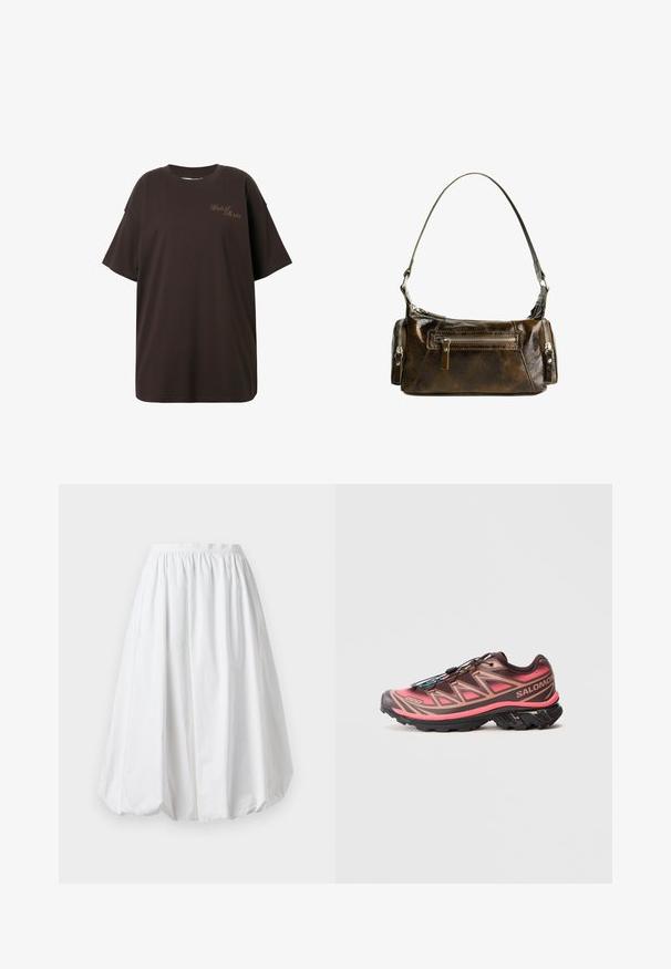 Bruine oversized t-shirt van katoen. Heeft een ronde hals en korte mouwen met "Untold Stories" geborduurd in een lichtere kleur.; Witte, knie-lange rok met een elastische tailleband en een ballonvorm. Gemaakt van lichte stof met een gladde textuur.; Trailruningschoen met een gradiëntontwerp in bruin en roze, voorzien van een gestructureerde bovenkant, een zwarte buitenzool en een uniek vetersysteem.; Bruine leren handtas met een gebogen vorm, zilverkleurige hardware en twee ritszakken aan de voorkant. Inclusief verstelbare schouderband.