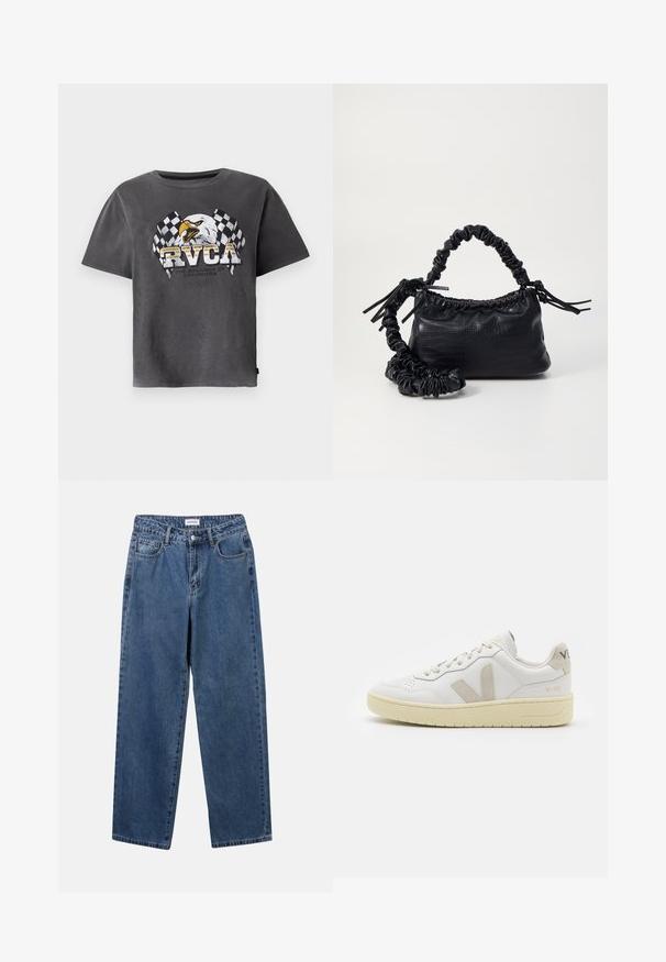 Pelēks kokvilnas T-krekls ar īsām piedurknēm, ar ērgļa grafiku un šaha karogiem. Dizainā iekļauts teksts "RVCA" un sauklis zem tā.; Klasiskie zili džinsi ar taisnu kāju dizainu, pieciem kabatām un pogu aizdari. Iezīmējas ar vidēju mazgāšanu un izturīgu tekstūru.; Baltas ādas sporta apavu pāris ar bēšiem zamša akcentiem, caurumiņu purngalā, plakanu šņorēšanu un teksturētu krēmkrāsas zoli. Iezīmējas ar diskrētu zīmolu uz papēža.; Melnā mākslīgās ādas rokassoma ar krokodila rakstu, savilkta augšdaļa un saburzīta siksna. Izskatās mīksta un kompakta pēc dizaina.