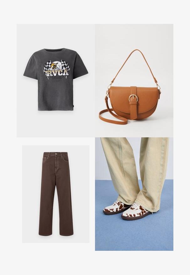 Hallide hallastee t-särk, millel on kullipilt ja ruudulised lipud. Kujundusel on tekst "RVCA" ja allolev loosung.; Pruunid laiad denimipüksid kontrastsete õmblustega, viie tasku ja metallnupuga sulgu. Sile tekstuur, sirge lõige.; Valge ja pruun mustriga tossud, millel on võrk ja nahk, pruuni kummitaldaga. Kombineeritud heledate beežide laia säärega pükstega.; Pruun nahast õlakott, millel on kumer kuju, kullavärvi riistvara ja pandlaga kaunistus. Omab eemaldatavat õlarihma.