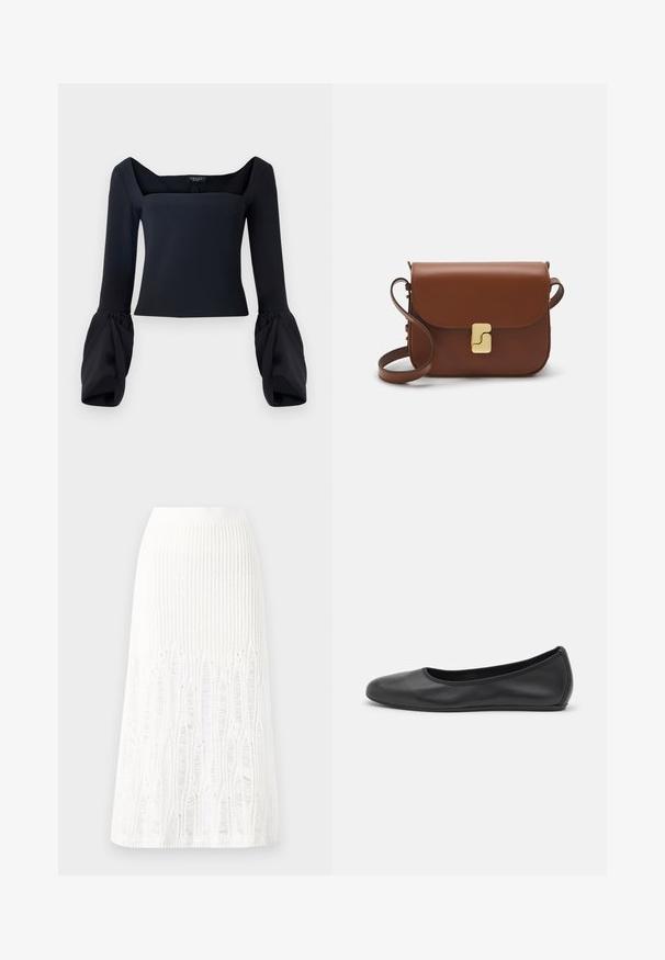 Zwarte top met lange mouwen en een vierkante halslijn, met volumineuze manchet mouwen en een fitted lijfje gemaakt van een gladde stof.; Witte langemouwen overhemd van katoen. Heeft een knoopsluiting aan de voorkant, een puntige kraag en een borstzak aan de linkerkant.; Gehaakte witte midi rok met een textuurpatroon met verticale lijnen en uitsparingen nabij de zoom. Elastische tailleband. Zacht materiaal.; Zwarte leren ballerina met een ronde neus, gladde textuur, minimale stikdetails en een flexibele zoolontwerp.; Bruine leren handtas met een klep sluiting, gouden hardware, een schouderband en een gladde textuur. Compact rechthoekige vorm.