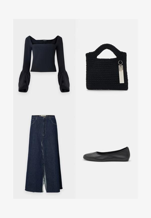 Czarny, długi rękaw top z kwadratowym dekoltem, z objętościowymi rękawami z mankietami oraz dopasowanym korpusem wykonaną z gładkiego materiału.; Długa spódnica z ciemnoniebieskiego dżinsu z rozcięciem z przodu. Posiada tradycyjny pięciokieszeniowy krój oraz widoczne akcenty w postaci przeszyć. Doły są postrzępione.; Czarne skórzane baletki z zaokrąglonym noskiem, gładką fakturą, minimalnymi przeszyciami i elastycznym designem podeszwy.; Won Hundred MARSIELLE UNISEX czarny