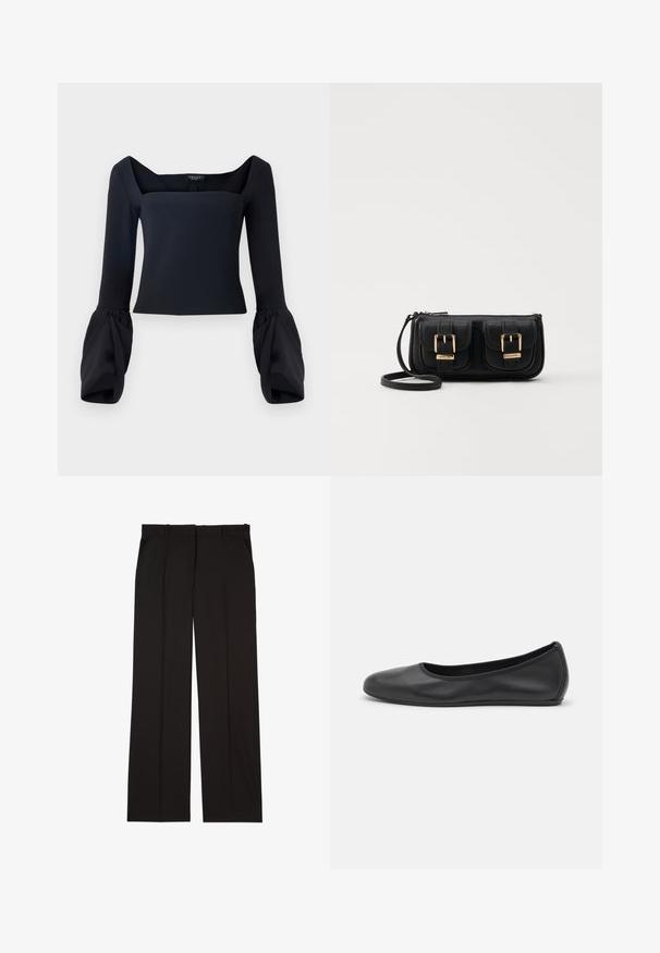 Black long-sleeve top with a square neckline, featuring voluminous cuffed sleeves and a fitted bodice made from a smooth fabric.; Black tailored trousers made of a smooth fabric, featuring a straight-leg design, and two side pockets. Elegant and minimalistic construction.; Black leather ballet flat with a rounded toe, smooth texture, minimal stitching detail, and a flexible sole design.; Black leather crossbody bag with two front pockets, gold buckles, zipper closure, and a slim strap. Textured surface and compact rectangular shape.