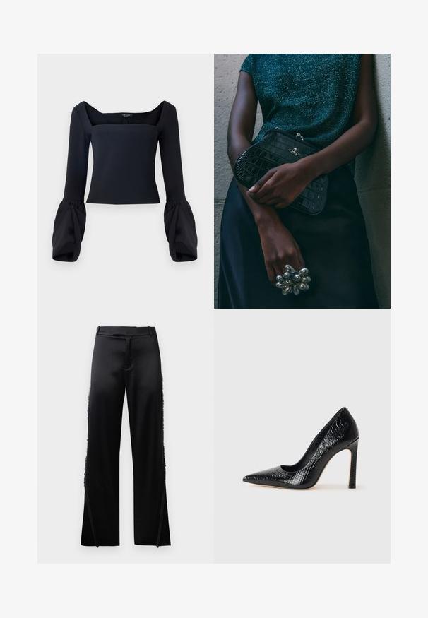 Black long-sleeve top with a square neckline, featuring voluminous cuffed sleeves and a fitted bodice made from a smooth fabric.; Black satin pants with wide legs, featuring fringe details along the side seams and a flat front waistband. Plain back without pockets.; Black pointed-toe high heel shoe with a crocodile-skin texture, featuring a sleek design, high stiletto heel, and smooth black interior.; Black crocodile-patterned clutch bag with silver hardware, held against a textured gray background. Features a shiny surface.