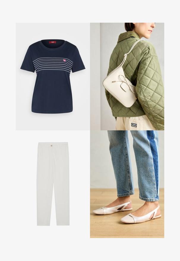 Esprit TEE - T-shirts med print - navy; Hvite, skreddersydde bukser med rette ben, med knapplukking, beltehemper og sidelommer; glatt tekstur.; Lys rosa slingback leiligheter med spiss tå, laget av et glatt, læraktig materiale. Har utskjæringer på sidene og lav hæl.; Beige skinnveske med en sløyfedetalj, gullhardware og en justerbar stropp, båret over en grønn quiltet jakke.
