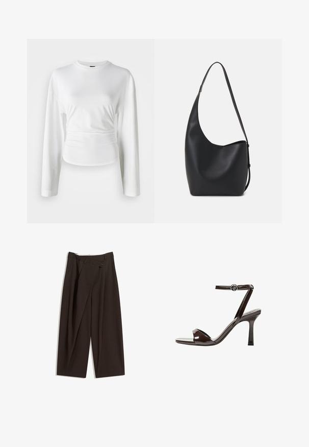 Weißes Langarmshirt aus weichem Stoff. Verfügt über ein tailliertes Design mit gerafften Details an der Taille und einem Rundhalsausschnitt.; Dunkelbraune, weite Hosen mit hohem Bund, die über einen einzigen Knopfverschluss und eine gefaltete Vorderseite verfügen. Hergestellt aus leichtem Stoff.; Braune Lackleder-High-Heelsandale mit einem Knöchelriemen, offener Zehenpartie und einem schlanken, minimalistischen Design. Verfügt über einen quadratischen Absatz.; Schwarze Leder-Hobo-Tasche mit einer glatten Textur, geschwungener Form und einem einzelnen verstellbaren Tragegurt; verfügt über eine weite Öffnung am oberen Ende.