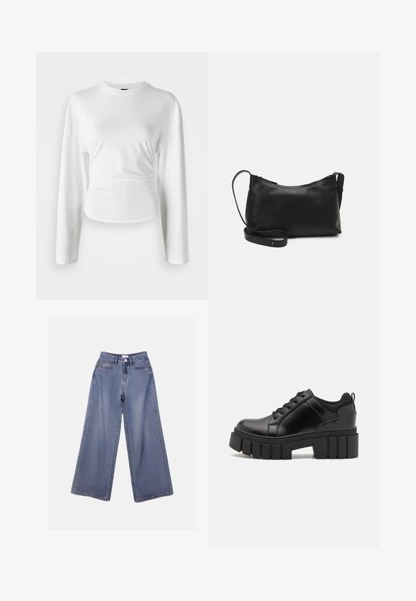 Balta garām piedurknēm krekls, kas izgatavots no mīksta auduma. Tam ir pieguļošs dizains ar drapējumu detaļām jostasvietā un apaļu dekoltē.; Platas kājas denima bikses gaiši zils mazgājumā, ar augstu jostasvietu, priekšējām kabatām un pogu aizdari ar jostas cilpiņām.; Melnas ādas platformas kurpes ar masīvu bloku papēdi, apaļu purngalu un tradicionālu saistīšanas dizainu. Izceļas ar gludu tekstūru un minimālu apdari.; Melna ādas plecu soma ar gludu tekstūru, izliekta forma, regulējama siksna un rāvējslēdzēja aizdare. Minimālistisks dizains bez rotājumiem.