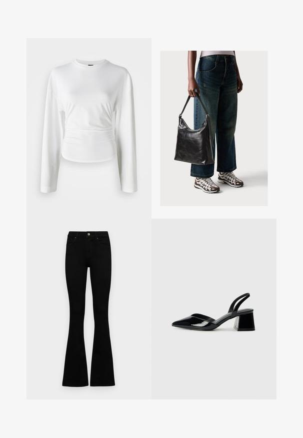 Camisa de manga longa branca feita de um tecido suave. Apresenta um design ajustado com detalhes franzidos na cintura e um decote redondo.; Jeans pretos de cintura alta com fecho de botão e zíper, bolsos frontais e pernas largas dispostos em cima de um fundo branco.; Sandy em verniz preto com salto slingback, ponta afilada e salto geométrico. Apresenta um design elegante e minimalista com textura suave.; Bolsa de ombro em couro preto com textura suave e alça ajustável, combinada com jeans de perna larga desbotados e ténis desportivos.