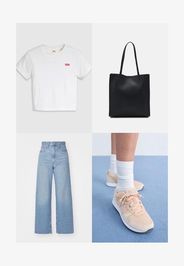 T-shirt branca cropped em algodão. Apresenta decote redondo e mangas curtas. Pequeno logótipo vermelho da Levi's no peito. Textura lisa.; Jeans de cintura alta e perna larga em azul claro, com fecho frontal de botão e zíper, bolsos frontais e traseiros, sobre um fundo branco.; Ténis atléticos em pêssego claro com parte superior em tecido, sola de borracha branca e design de atacadores. Combinados com meias brancas caneladas e colocados sobre uma superfície azul.; Bolsa tote preta em couro com textura lisa, forma retangular e duas alças longas. Sem hardware ou enfeites visíveis.
