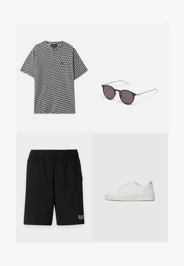 Juoda ir balta trumpomis rankovėmis marškinėliai su bangų raštu, apvaliu kaklu ir laisvu siluetu. Pagaminta iš minkštos medvilnės medžiagos.; Juoda sportinė šortai, pagaminti iš minkštos medžiagos, su elastingu diržu ir maža geltona EA7 logo apatinėje kairėje kojoje.; Balti odiniai sportiniai bateliai su lygia apdaila, apvaliu pirštu, plokščiais raišteliais ir tekstūruotu padu. Pasižymi subtiliu logotipu ant kulno.; Juodos apvalios saulės akinių su tamsiais lęšiais ir plonomis metalinėmis šakomis. Įtraukti skaidrūs šventyklų galai ir sidabriniai akcentai vyrio srityje. Minimalistinis dizainas.