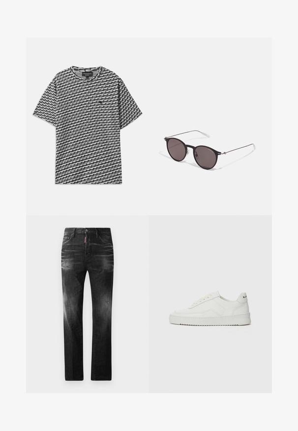 Mustvalge lühikeste varrukatega T-särk, millel on lainemustrid, ümmargune kaelus ja lõdvestunud istuvus. Valmistatud pehmest puuvillakudumist.; Mustad denim püksid otse lõikega. Omavad kulunud piirkondi, väikseid kahjustusi, klassikalist viit taskut ning nööpkinnitust.; Valge nahast tennis, millel on sile põhi, ümar varvas, lamedad nöörid ja tekstuuriline tall. Sisaldab diskreetset logo kontsaribal.; Mustad mustad prillid tumedate läätsedega ja õhukeste metallist käepidemetega. Kaarja kujuga seljaosa ja hõbedased aktsendid hingel. Minimalistlik disain.