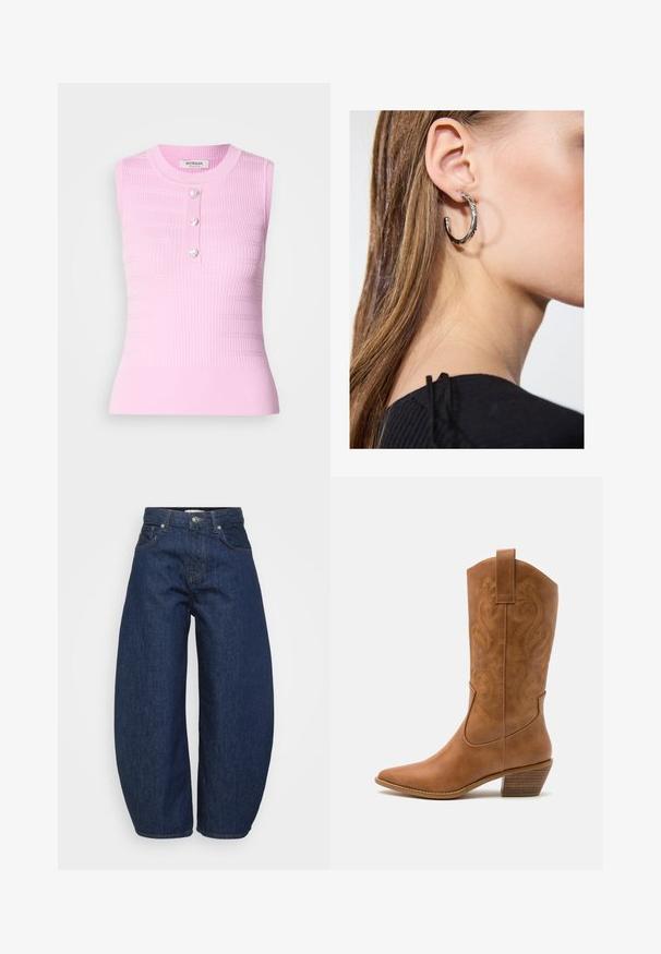 Roza bezrukavna majica s rebrastom teksturom, okruglim izrezom i s tri gumba u obliku srca na sredini. Dizajn srednje duljine, tijesno krojen siluet.; Tamne tamno tamno tamno tamno tamno tamno tamno tamno tamno tamno tamno tamno tamno tamno tamno tamno tamno tamno tamano tamno tamno tamno tamno tamno tamno tamno tamno; Smeđe kožne kaubojke s oštrim nosom, izvezenim spiralnim uzorcima na gornjem dijelu i blok petom. Imaju potporu za lakše obuvanje.; Srebrna kružna naušnica s poliranim završetkom, koja ima male zlatne detalje i okrugli oblik, nošena na uhu.