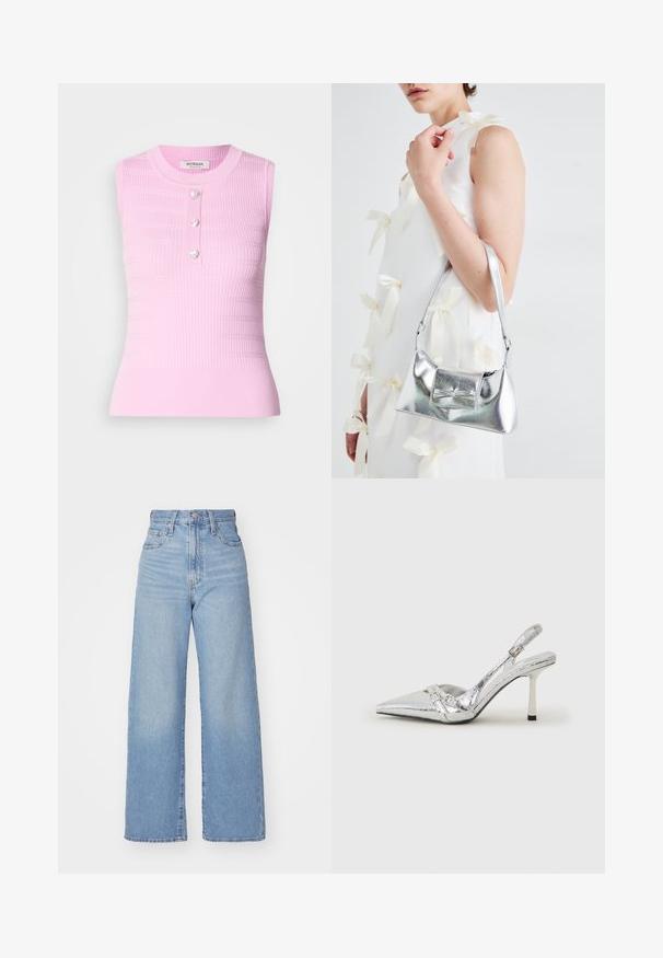 Pink sleeveless top with ribbed texture, round neckline, and three heart-shaped buttons at the center. Mid-length design, form-fitting silhouette.; Light blue high-waist wide-leg jeans with front button and zip closure, front and back pockets, on a white background.; Silver slingback high heel shoe with a pointed toe, metallic finish, two decorative straps, and a slender heel with a black tip.; Silver metallic handbag with a structured shape, featuring a top handle and bow detail on the front. Smooth texture, reflective finish.