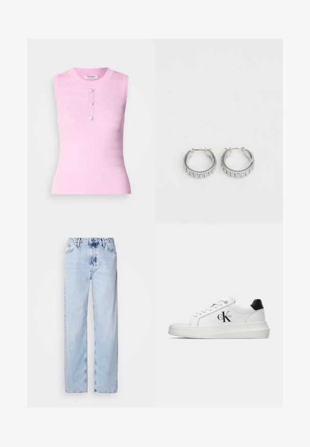 Rozā bezšuvju tops ar ribu tekstūru, apaļa dekoltē un trīs sirds formas pogām vidū. Pusgarš dizains, pieguļoša siluets.; Gaiši zilas platās kājas džinsi, izgatavoti no denima, ar augstu jostas vietu, izbalinātu krāsu un smalku krāsošanas rakstu priekšpusē.; Baltā zema topa sporta apavas ar melnu papēža cilni, platformas zoli, auklēm un Calvin Klein "CK" logo sānos.; Sudraba gredzena auskari ar faktūras dizainu, kas ietver vertikālas rievas. Apaļa forma ar drošu aizdari. Gluda apdare.