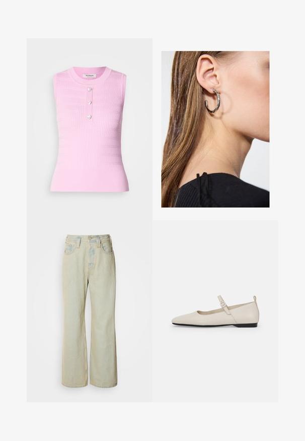 Top rosa sem mangas com textura canelada, decote redondo e três botões em forma de coração ao centro. Design de comprimento médio, silhueta ajustada.; Jeans de perna larga em azul claro, feitos de denim, com uma cintura alta, cinco bolsos e um leve desbotamento com detalhes em costura contrastante.; Sabrinas brancas de couro com ponta afilada, fivela lateral e salto preto baixo. Textura suave e design minimalista.; Brinco de argola prateada com acabamento polido, apresentando pequenos detalhes em dourado e uma forma redonda, usado na orelha.