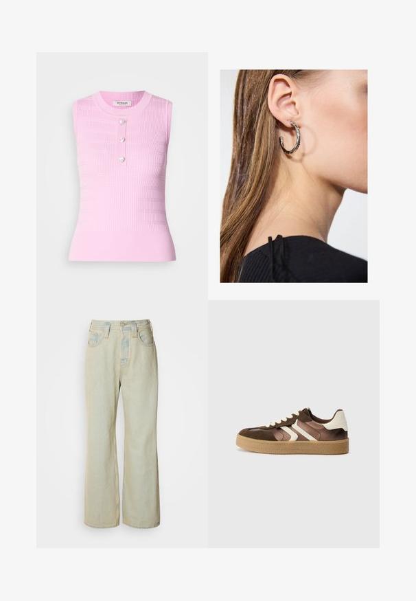 Rosa ärmelloses Oberteil mit gerippter Textur, rundem Ausschnitt und drei herzförmigen Knöpfen in der Mitte. Mid-Length-Design, figurbetonte Silhouette.; Hellblaue Schlagjeans aus Denim mit hoher Taille, fünf Taschen und subtilen Ausbleichungen sowie kontrastierenden Nähakzenten.; Braune und cremefarbene Sneakers aus einer Kombination von Wildleder und Satin, mit drei diagonalen Streifen und einer strukturierten Gummisohle.; Silberne Creolen mit polierter Oberfläche, die kleine goldene Akzentdetails und eine runde Form aufweisen, am Ohrläppchen getragen.
