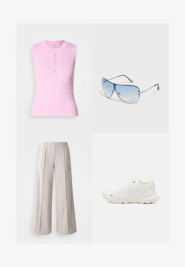 Rosa ärmelloses Oberteil mit gerippter Textur, rundem Ausschnitt und drei herzförmigen Knöpfen in der Mitte. Mid-Length-Design, figurbetonte Silhouette.; Helle graue, weit geschnittene Hose aus glattem Stoff. Mit einem elastischen Bund und dem schwarzen Nike-Logo auf der linken Seite.; Weiße Sportschuhe mit einem strukturierten Mesh-Obermaterial, runder Zehenkappe, hervorgehobenem Sohlenprofil und einem kleinen schwarzen Swoosh-Logo. Helle beige Akzente und Schnürsenkel.; Flugzeugbrille mit einem verlaufenden blauen Glase, silbernem Metallrahmen und dekorativen Sternelementen auf dem Glas. Glattes und elegantes Design.