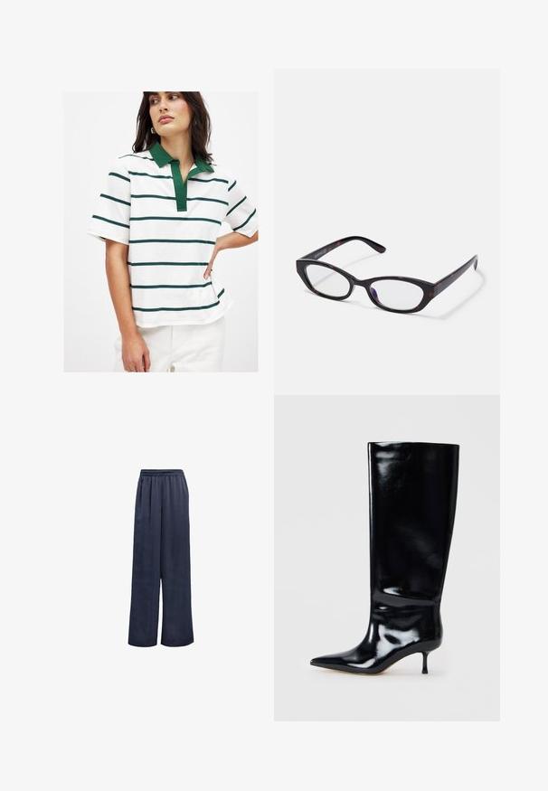 Valge polo särk roheliste ja tumesiniste horisontaalsete triipudega, lühikeste varrukatega ja rohelise kraega. Pehme puuvillane materjal, millel on mugav lõike.; Tumed, kreemja ja beeži triibuline flanellipaita. Omab kraed, nupukinnitust, pikki varrukaid ja ühte rinna taskut. Pehme tekstuur.; Tumed laiad püksid, mis on valmistatud siledast kangast, elastse vöökohaga ja ilma nähtava metallist detailita. Omavad vaba lõikega ja täispikkust.; Knee-high musta nahkpüksid läikiva viimistlusega, terava toe ja kitsaste kontsadega. Sile tekstuur minimaalsete disainidetailidega.; Kassi silmadega prillid läikiva tumeda kilpkonnakilbi plastraamiga, millel on kaarjad käed ja selged läätsed. Minimalistlik bränding küljel.