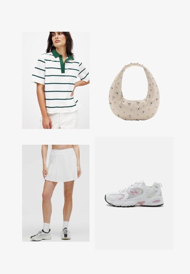 Weißes Poloshirt mit horizontalen Streifen in Grün und Marineblau, Kurzarm und grünem Kragen. Weiches Baumwollmaterial mit lockerer Passform.; Weißer plissierter Minirock mit breitem Taillenbund, kombiniert mit schwarz-weißen Sportschuhen. Strukturierter Stoff mit klaren Falten.; Weiße Sportschuhe mit Obermaterial aus Mesh und Synthesematerial, pinken Akzenten, gepolstertem Kragen und schwarzer Gummisohle. Mit sichtbaren Perforationen und Logo.; Beige Lederhandtasche in Hobo-Form mit silbernen Metallnieten in verschiedenen Größen auf der Außenseite und kontrastierendem Reißverschluss.