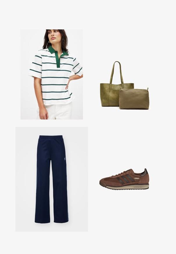 Witte polo met groene en marineblauwe horizontale strepen, korte mouwen en een groene kraag. Zacht katoenen materiaal met een ontspannen pasvorm.; Marineblauwe katoenen joggingsbroek met een brede pijpdesign, elastische tailleband en ritszakken, voorzien van witte zijstrepen en logo-detail.; Bruine suède sportshoe met zwarte leren accenten, drie zwarte strepen en een tan kleurige zool. Heeft een afgeronde neus en gestructureerde veters.; Olijfgroene leren draagtas met twee handvatten, naast een kleinere olijfgroene stoffen pouch met een rits. Zachte en gestructureerde oppervlakken.