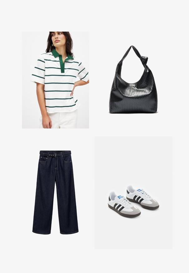Witte polo met groene en marineblauwe horizontale strepen, korte mouwen en een groene kraag. Zacht katoenen materiaal met een ontspannen pasvorm.; Donkerblauwe wijde jeans van denim. Voorzien van een ceintuurband met meerdere knopen, voorkruiszakken en een nette afwerking aan de zoom.; Sportschoenen met een witte leren bovenkant, grijze suède neus en drie zwarte strepen. Bevat een blauw logo op de tong en een gestructureerde rubberen zool.; Zwarte geweven lederen handtas met een slouchy ontwerp, voorzien van een geknoopte schouderband en een kleine decoratieve gouden stud aan de bovenkant.