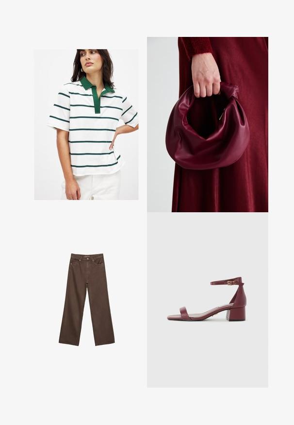 Biely polo tričko s horizontálnymi pruhmi v zelenej a námornej farbe, krátke rukávy a zelený golier. Mäkký bavlnený materiál s voľným strihom.; Džínsy s širokými nohavicami v hnedej farbe, vyrobené z denimu, so zvýšeným pásom, prednými vreckami a klasickým zapínaním na gombík. Hladká textúra s jemným prešívaním.; Burgundská kožená sandála so štvorcovou špičkou, tenkým pásikom okolo členka, zlatými detailmi a robustným blokovým podpätkom. Hladká textúra a minimalistický dizajn.; Burgundská kožená kabelka s mäkkým, zhromaždeným dizajnom a zaobleným tvarom. Rukoväť je pevne zaisťujúca a vystavuje hladkú textúru.
