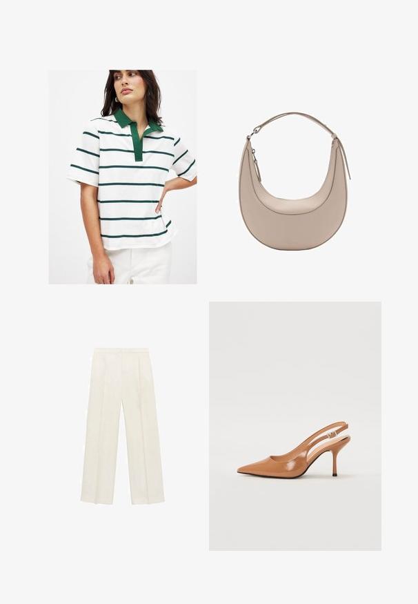 Hvid polo-shirt med grønne og marineblå vandrette striber, korte ærmer og grøn krave. Blødt bomuldsstof med løs pasform.; Bredbenede bukser i en lys cremefarve. Fremstillet af et glat stof med plisseringer foran og sidelommer.; Spids tå slingback hæl i et glat, blankt tan materiale. Har et buet udskæring design og en slank stiletto hæl. Sølv spænde detalje.; Beige læder skuldertaske med en halvmåneform, glat overflade og et enkelt buet håndtag. Har en lynlåslukning og pæne syninger.