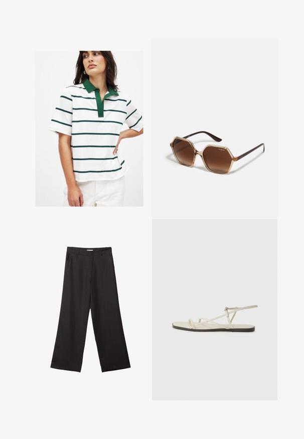 Bela polo majica z zelenimi in temno modrimi horizontalnimi črtami, kratkimi rokavi in zelenim ovratnikom. Mehka bombažna tkanina z sproščenim krojem.; Črne široke hlače iz gladkega materiala, z sprednjim zadrgo in dvema stranskima žepoma, s prilagojenim krojem in minimalističnim dizajnom.; Beige ravne sandale z več tankimi trakovi in nastavljivim zaponcem. Podplat je raven z rahlo temnim kontrastom na robu.; Heksagonalne sončne očala z rjavimi gradientnimi lečami, prosojnim bež okvirom in temno rjavimi ročaji. Na strani je blagovna znamka "vogue".; Metalna zlata torbica z gladko, zaobljeno obliko, opremljena z zgornjim gumbom in majhnim verižnim ročajem za nošenje.