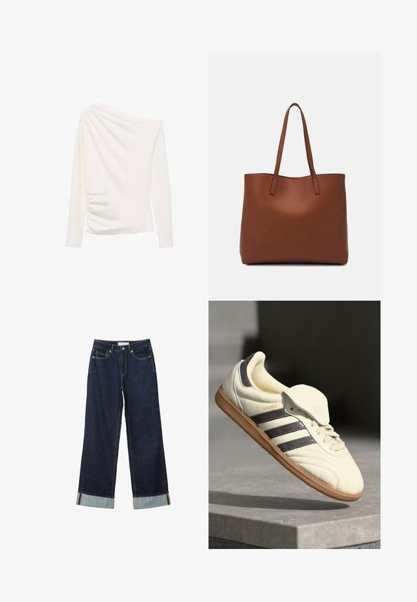 Weißes langärmliges Oberteil mit asymmetrischem, schulterfreiem Design, das auf einer Seite eine geraffte Textur und auf der anderen einen glatten Finish aufweist.; Dunkelblaue, weit geschnittene Jeans mit hoher Taille, ausgestattet mit aufgerollten Säumen, Kontrastnähten und einem Fünf-Taschen-Design. Hergestellt aus Denim-Stoff.; Cremfarbene Ledersneaker mit drei dunklen Streifen, einer braunen Gummisohle und einer abgerundeten Zehenpartie. Hat eine faltbare Zunge, die mit "SAMBA" beschriftet ist.; Braune Leder-Tote mit glatter Textur, offenem Oberteil und zwei Schulterriemen. Verfügt über minimale Nähte und keine sichtbaren Beschläge.