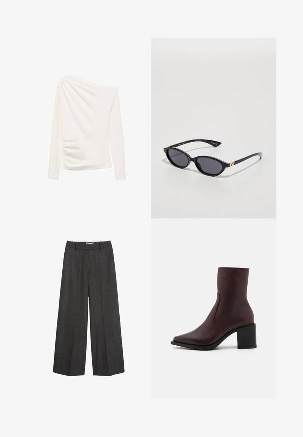 Biała bluzka z długim rękawem o asymetrycznym fasonie z odsłoniętym ramieniem, z teksturą marszczoną po jednej stronie i gładkim wykończeniem.; Spodnie o szerokich nogawkach w ciemnoszarym kolorze. Posiadają dopasowany pasek w talii z szlufkami, gładką fakturę oraz minimalistyczne akcenty w postaci szwów.; Zign 5171 bordowy; Czarne okulary przeciwsłoneczne z owalnymi soczewkami, ciemnym gradientowym przyciemnieniem i cienkimi ramionami z subtelnymi złotymi akcentami. Gładkie, plastikowe wykończenie.; Tommy Hilfiger - Torba na ramię; Burgundowa skórzana portmonetka z zagiętym wykończeniem, złotym logo oraz gładką fakturą. Kompaktowa i prostokątna.