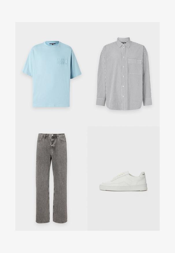 Gaiši zila kokvilnas T-kreklu ar īsām piedurknēm, apaļu kakla izgriezumu un izšūtu "MK" logotipu uz krūtīm. Mīksta tekstūra un brīvs piegriezums.; Melnā un baltā svītrainā krekla ar pogām, garām piedurknēm, klasisku apkakli un krūšu kabatu ar horizontālām svītrām.; Pelēkie džinsi ar taisnu kāju griezumu, piecu kabatu dizainu un pogu slēgšanu jostasvietā. Visā virsmā ir maiga izbalējusi tekstūra.; Baltas ādas sneakers ar gludu virsmu, apaļu pirkstu daļu, plakaniem šņorēm un teksturētu zoli. Satur diskrētu logotipu uz papēža.