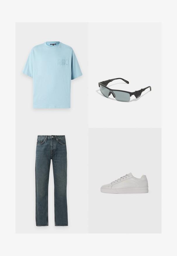 Šviesiai mėlynas medvilninis marškinėlis su trumpomis rankovėmis, apvaliu iškirpimu ir išsiuvinėtu „MK“ logotipu ant krūtinės. Minkšta tekstūra ir laisvas siluetas.; Tamsiai mėlyni džinsai su tiesiomis kojomis, turintys penkis kišenes, mygtuko uždarymą ir kontrastingus siuvimo akcentus.; Šviesiai pilka odinė sportinė avalynė su lygiu paviršiumi, apvaliu pirštu, plokščiomis guminėmis padangomis ir toniniais raišteliais. Pasižymi minimalia auksine ženklinimo informacija.; Juodos sportinės saulės akinių su pilkiais toniniais objektyvais, kampuota rėmeliais, sustiprintais kampais ir reguliuojamais nosies pagalvėlėmis, užtikrinančiomis tvirtą prigludimą.