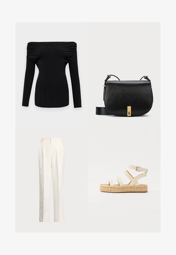 Black, long-sleeved top with off-the-shoulder design. Features gathered detailing at shoulders and a fitted silhouette. Smooth texture.; Polo Ralph Lauren HEMP WIDE LEG PANT - Trousers - nevis; Light beige leather espadrille sandal with four cross straps and an ankle buckle, featuring a woven jute platform sole and flat rubber bottom.; Black leather crossbody bag with a gold-toned metal accent and adjustable strap, featuring a smooth texture and curved shape.